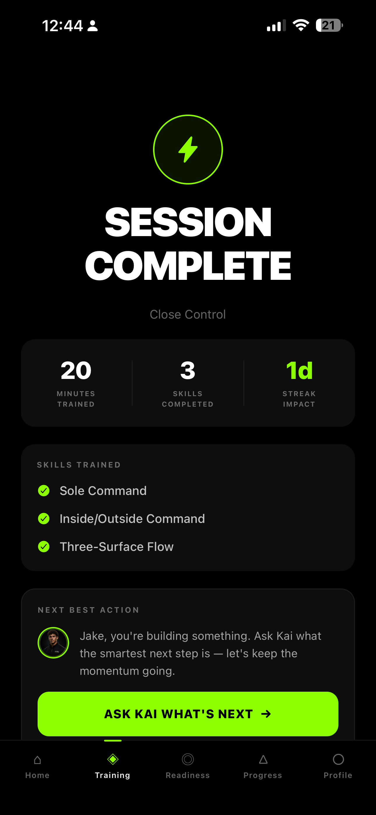 ARC session complete screen showing recorded minutes and skills