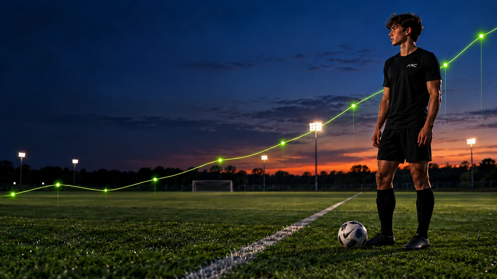 Soccer athlete in ARC gear beside the pitch at dusk