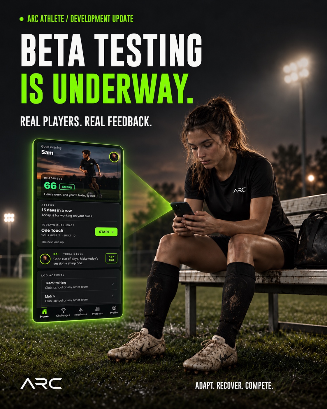 ARC Beta Testing Is Underway graphic with a soccer player and phone